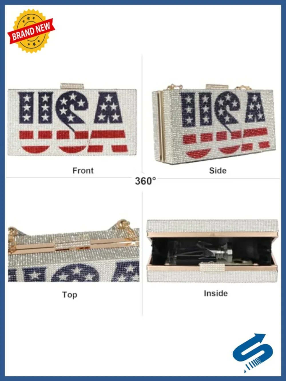Rhinestone American Flag Crossbody Evening Clutch Purse